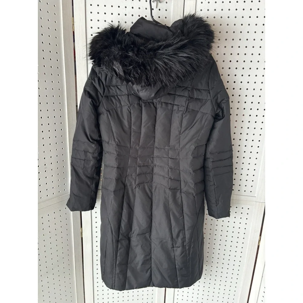 Calvin Klein Puffer Jacket Women's Small Black Duck Down Coat Parka Fur Hood Zip